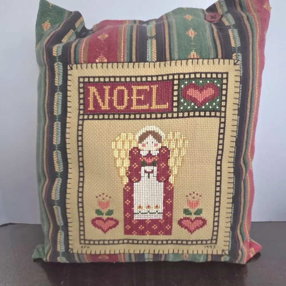 Vintage 1993 Astor Place Noel Angel Counted Cross Stitch Pillow Christmas 12x11